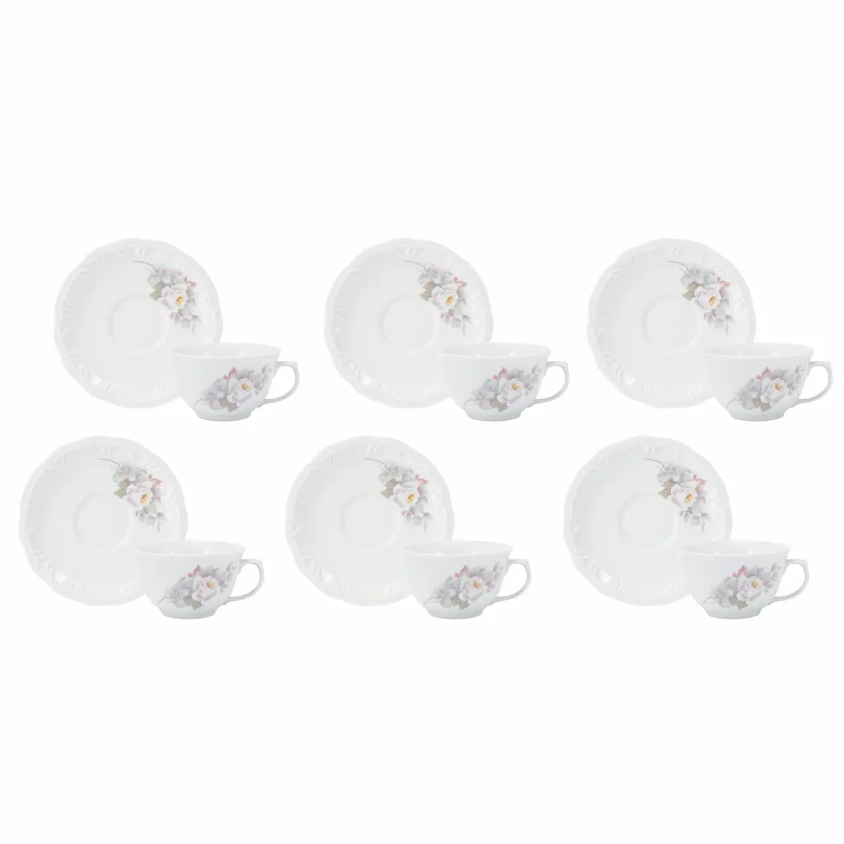 Estojo com 6 Xícaras de de Chá com Pires sem Pé. Modelo Redondo com Relevo Pomerode. Decoração Eterna. Fabricado pela Porcelana Schmidt.
