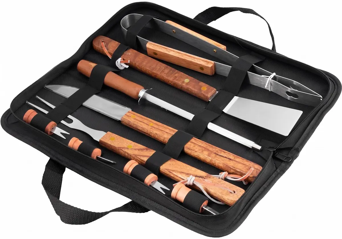 Kit Churrasco 10 Peças OASIS em Aço Inox com Estojo e Cabo de Madeira Utensílios Profissionais para Churrasqueira - 1