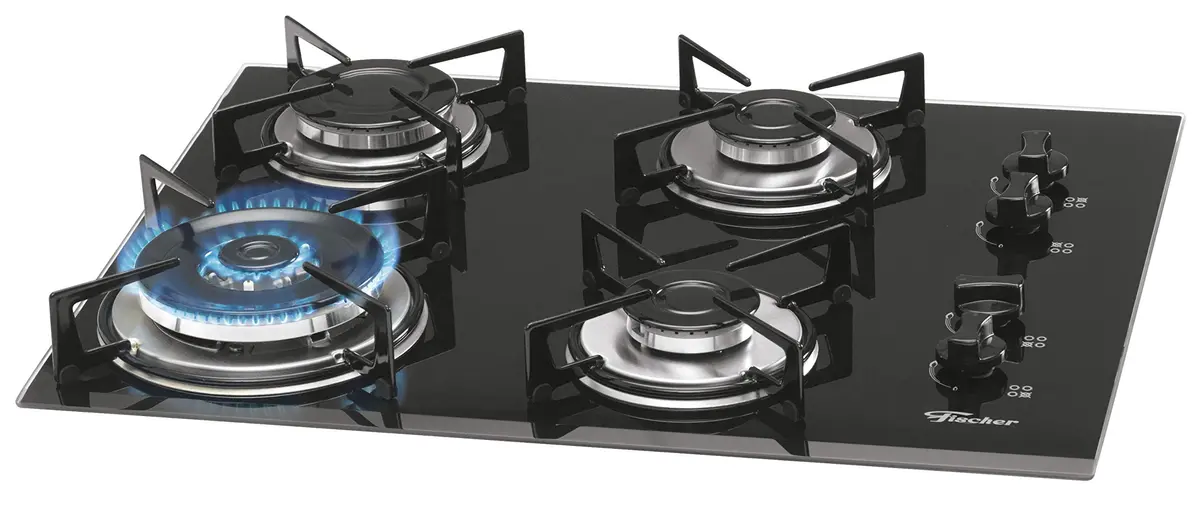 Fischer Cooktop à Gás 4 Bocas Tripla Chama Mesa Vidro Preto Bivolt - 9788-12916