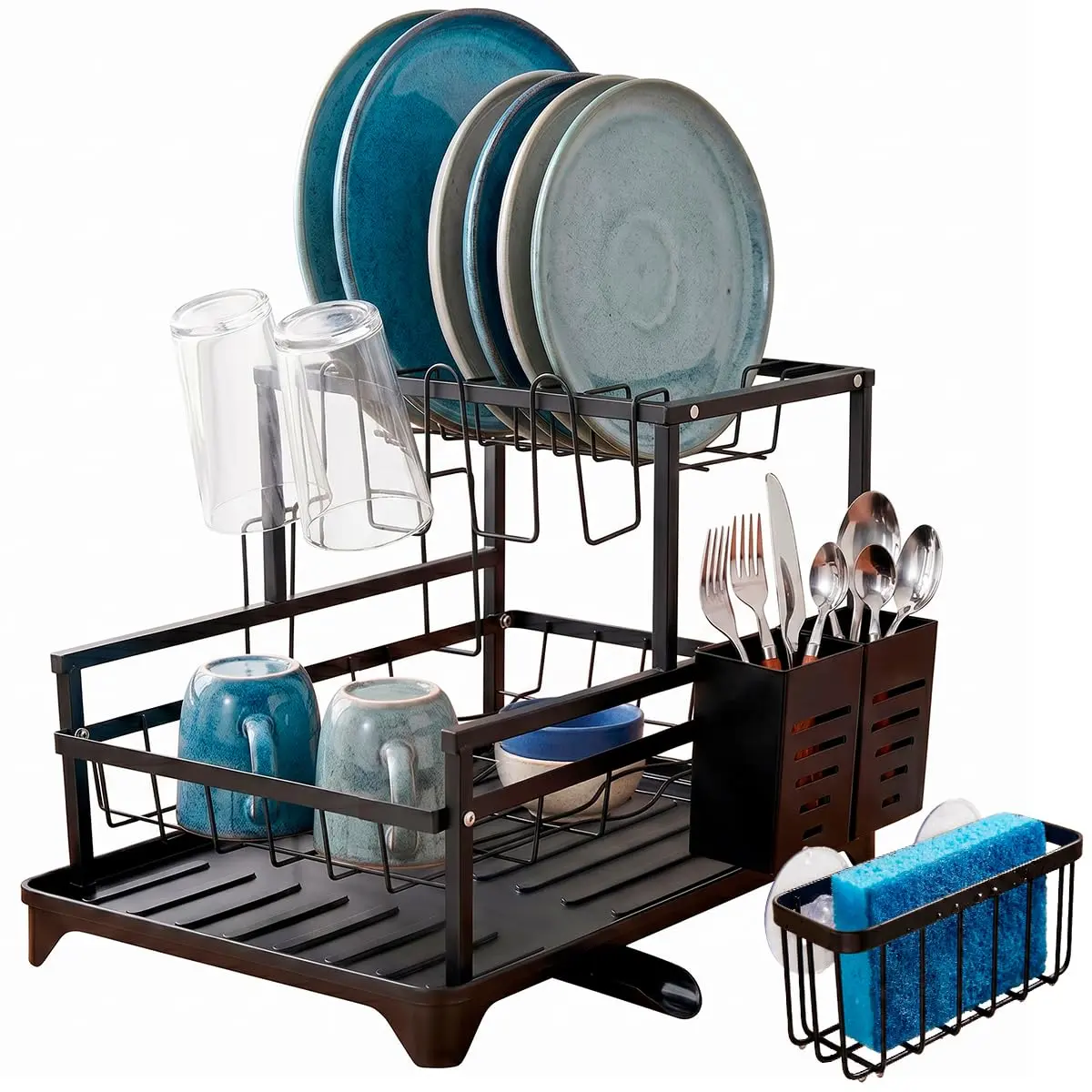 Decolab Escorredor de Louça Duplo 360° Porta-Esponja Preto para Cozinha | Acompanha Porta-esponja exclusivo. 2 andares e bico giratório 360° organizam a louça e direcionam a água à pia.