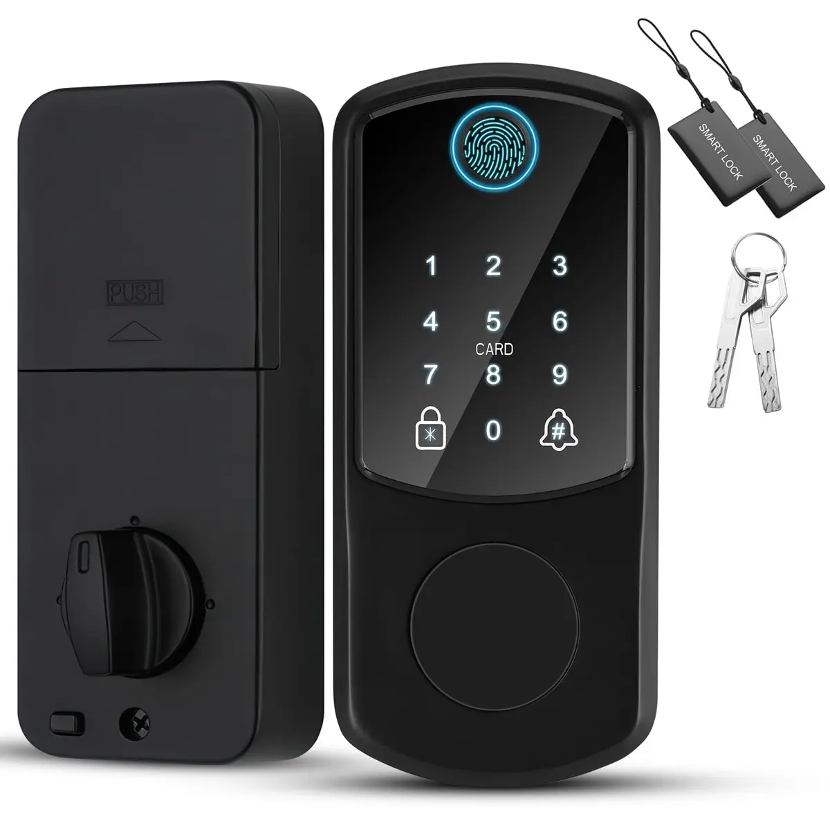 Fechadura inteligente, quatro em um (impressão digital + senha + cartão IC + chave mecânica), travamento automático, fonte de alimentação de emergência USB, campainha, navegação por voz - 1
