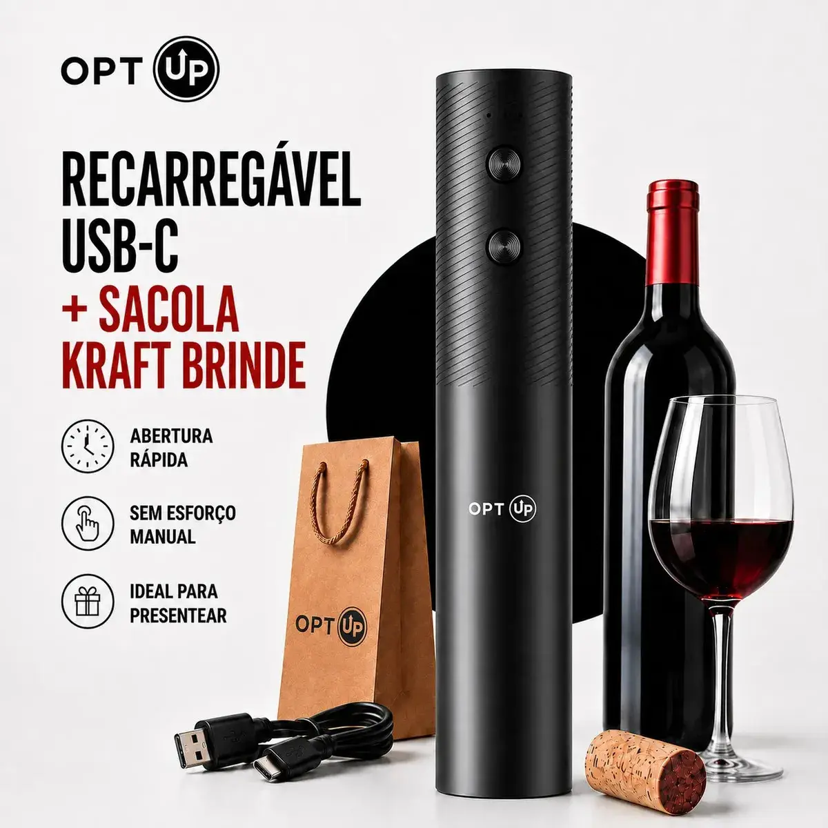 Abridor De Vinho Eletrico Automatico Recarregavel Usb-c Saca-rolhas Garrafa Portátil Presente Kit Vinho Optup - 1