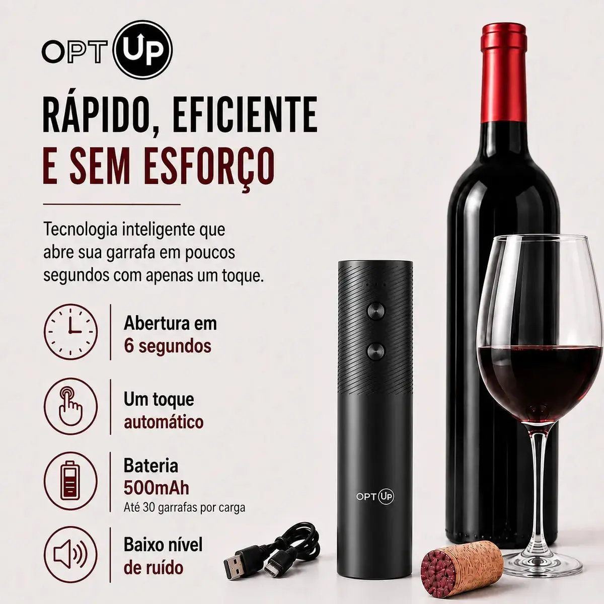 Abridor De Vinho Eletrico Automatico Recarregavel Usb-c Saca-rolhas Garrafa Portátil Presente Kit Vinho Optup thumbnail 3