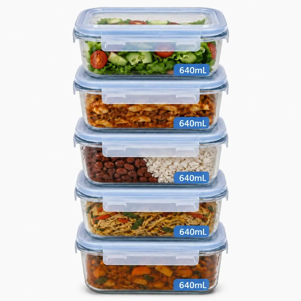Kit 5 Potes de Vidro Borossilicato 640ml Herméticos com 4 Travas Ideal para Marmitas e Conservação de Alimentos, Vedação Total, Refratário para Forno e Freezer