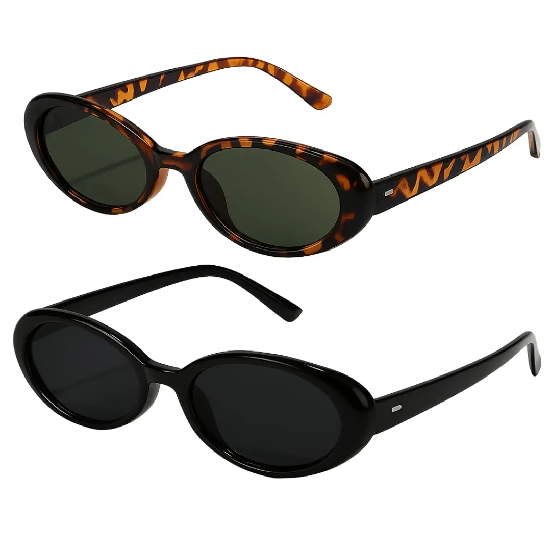 Kit 2 Óculos de Sol Retrô Oval 90s Feminino – Preto + Leopardo | Estilo Vintage com Proteção UV400 e Design Leve e Confortável