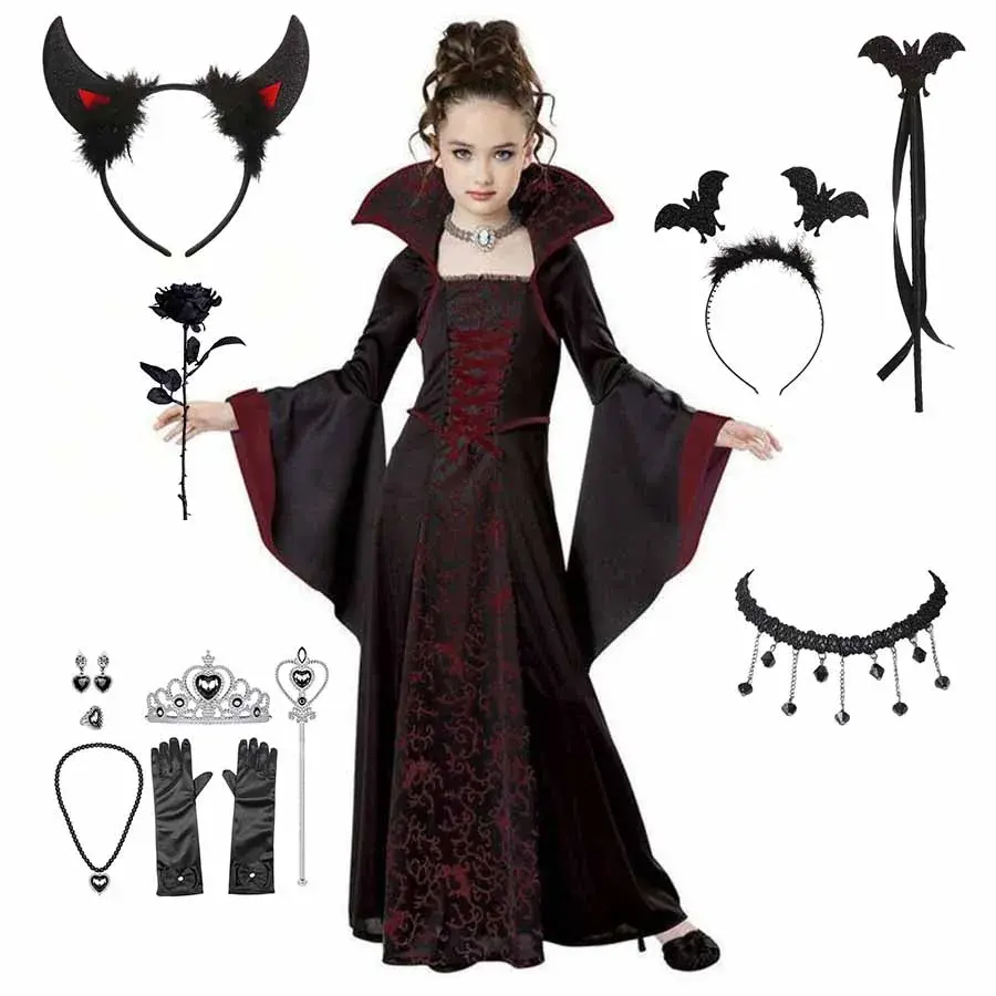 Traje de halloween para crianças fantasia de vampiro fantasia de halloween meninas vestido tutu longo roupa de carnaval infantil roupas de penas góticas