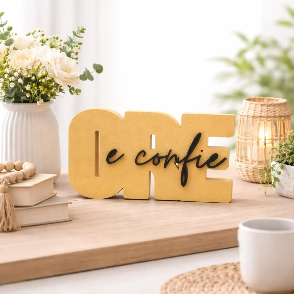 Letreiro Decorativo Ore e Confie Branco – Enfeite de Mesa com Mensagem de Fé, Decoração Religiosa para Sala, Quarto ou Escritório (BEGE+PRETO)