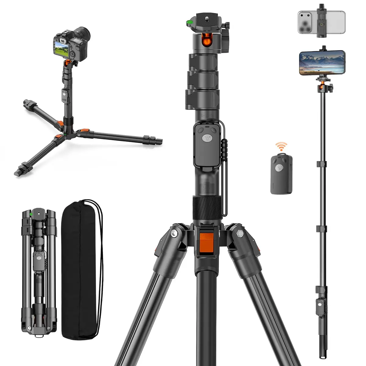 191cm Suporte Tripé para Câmera Celular,Tripe para iphone Celular Preto | Monopé/Bastão para Selfies/Pedestal,Portátil,Rotação 360°,Tripe de Chão Para iPhone Câmera Telefone Viagens Selfies Vídeos