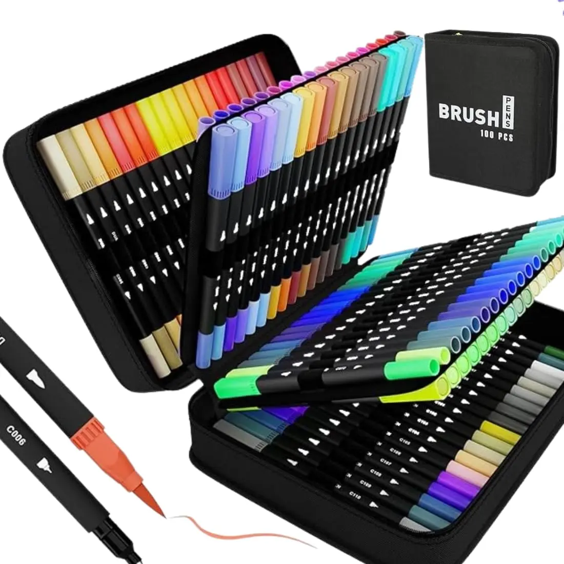 Canetas Brush Pen 100 Cores Ponta Dupla Fina e Pincel Base Água | Ponta fina 0,4mm e pincel 1–2mm, para colorir, desenhar, ilustrar, lettering e papelaria criativa