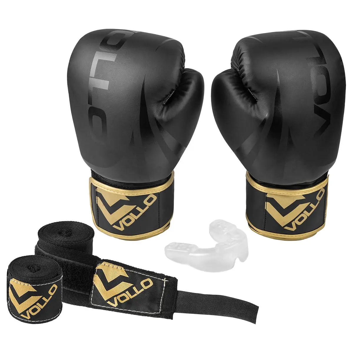 Vollo Kit Luva de Boxe e Muay Thai Preta + Protetor Bucal Transparente + Bandagem Elástica Preta 3m - 1