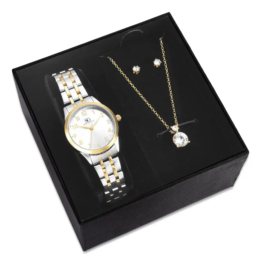 Kit Relógio Colar e Brincos Ponto De Luz Dourado e Prateado Feminino Luxo Saint Germain 28mm - 1