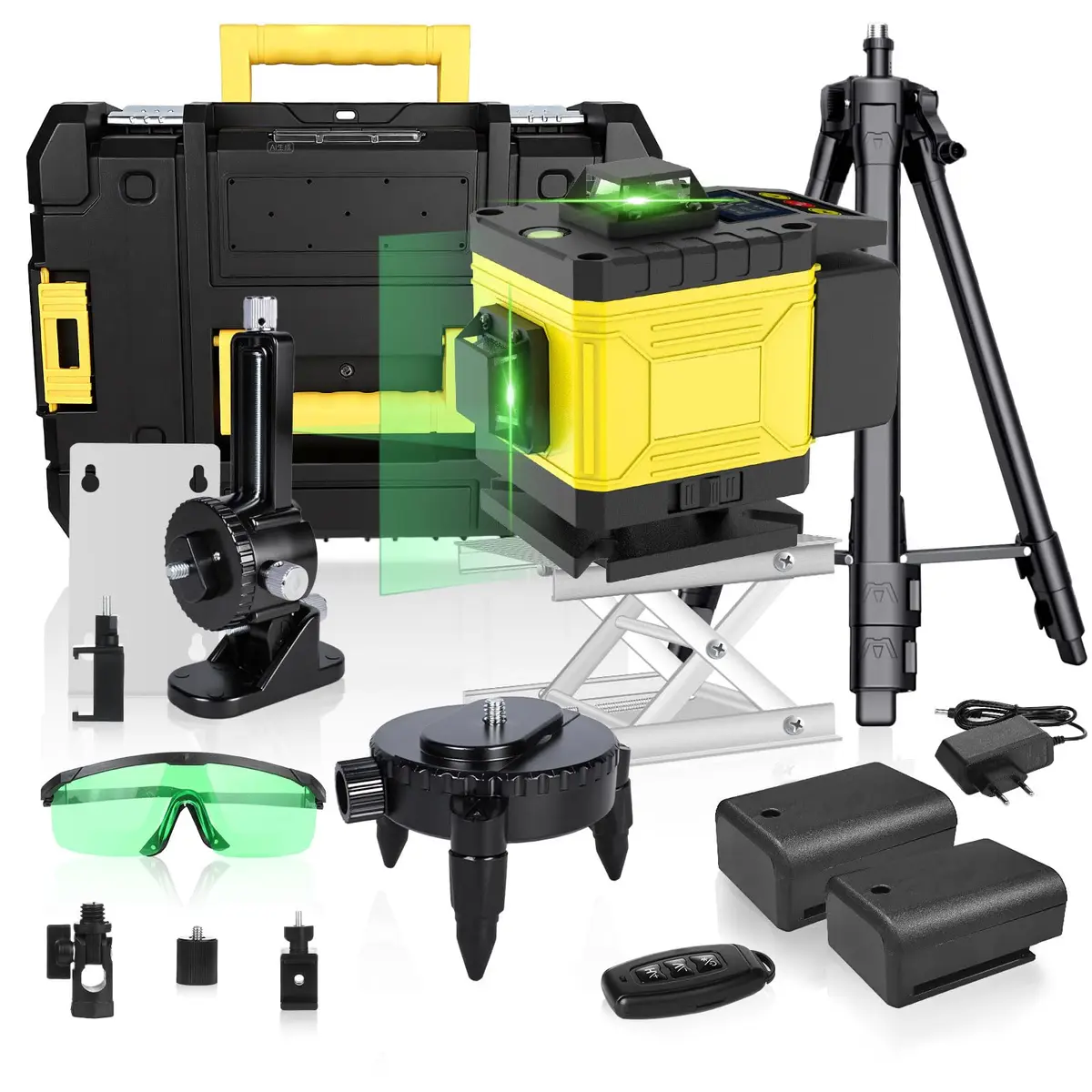 Trailabo Nível a Laser Verde 360° Autonivelante 4D com 16 Linhas Cruzadas, Controle Remoto + Tripé - Kit Completo com Suporte e Caixa de Ferramentas para Construção (Preto e Amarelo)