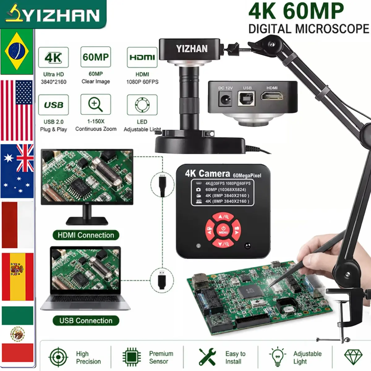 YIZHAN Microscópio de Solda 4K 60MP, Microscópio Digital HD 1080P 48MP, Interface HDMI USB, Lente 1‑150X, Controle Remoto, Distância de Trabalho 5‑100cm, Envio Local