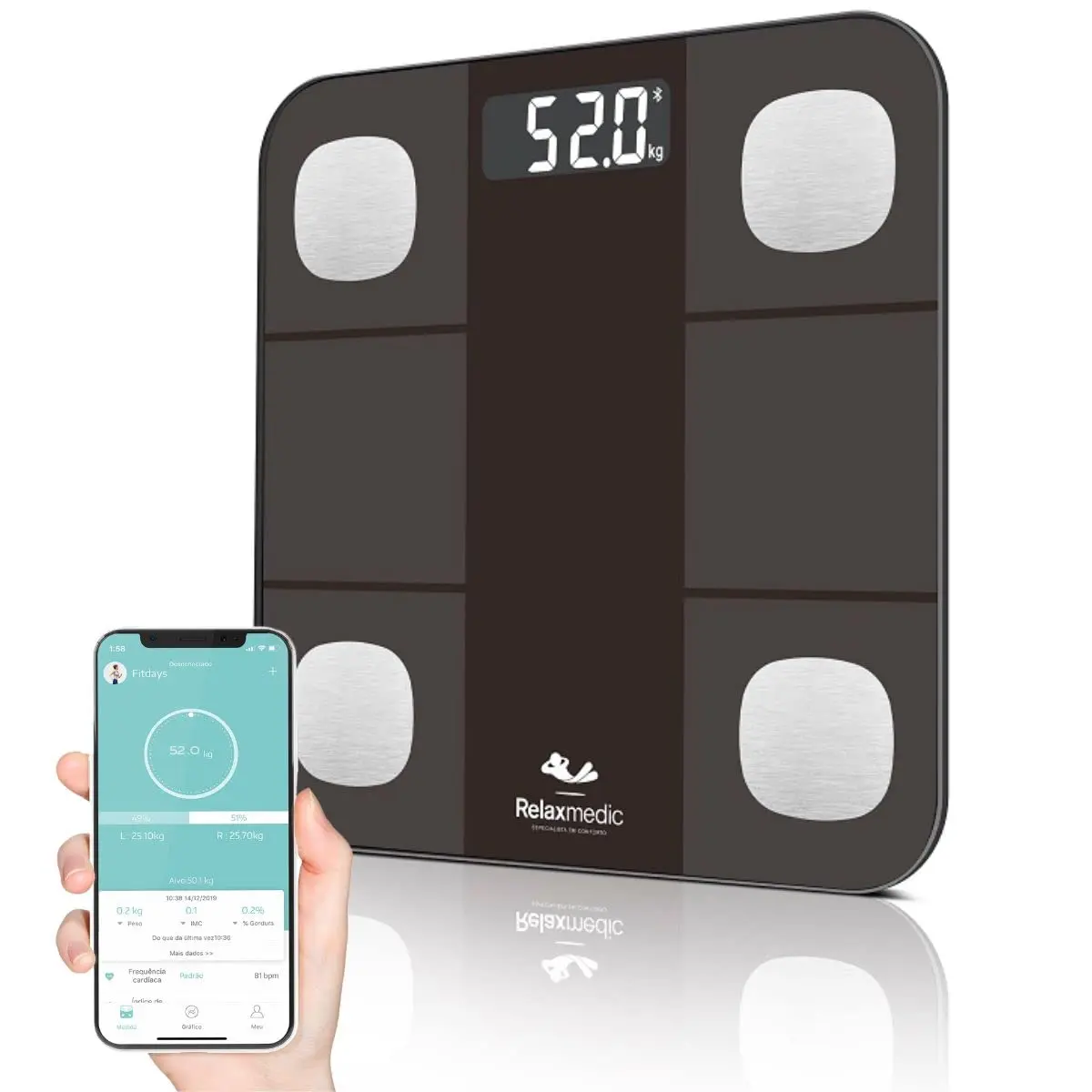Balança Digital Corporal Bioimpedância c/Aplicativo Bluetooth Smart App - Relaxmedic