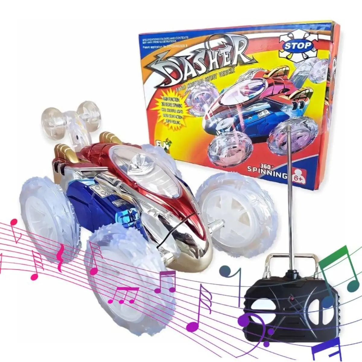 Carrinho Maluco Controle Remoto Gira 360° Com Luzes Led Da Cambalhota Iluminação Colorida Super Legal Toca Música Criança Feliz - TYDA