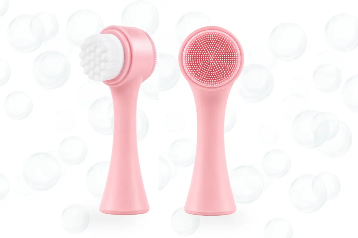 Escova Facial 2 em 1 de Silicone com Cerdas Macias para Limpeza Profunda e Massagem Facial, Portátil e Resistente para Skincare e Cuidados com a Pele (Rosa)
