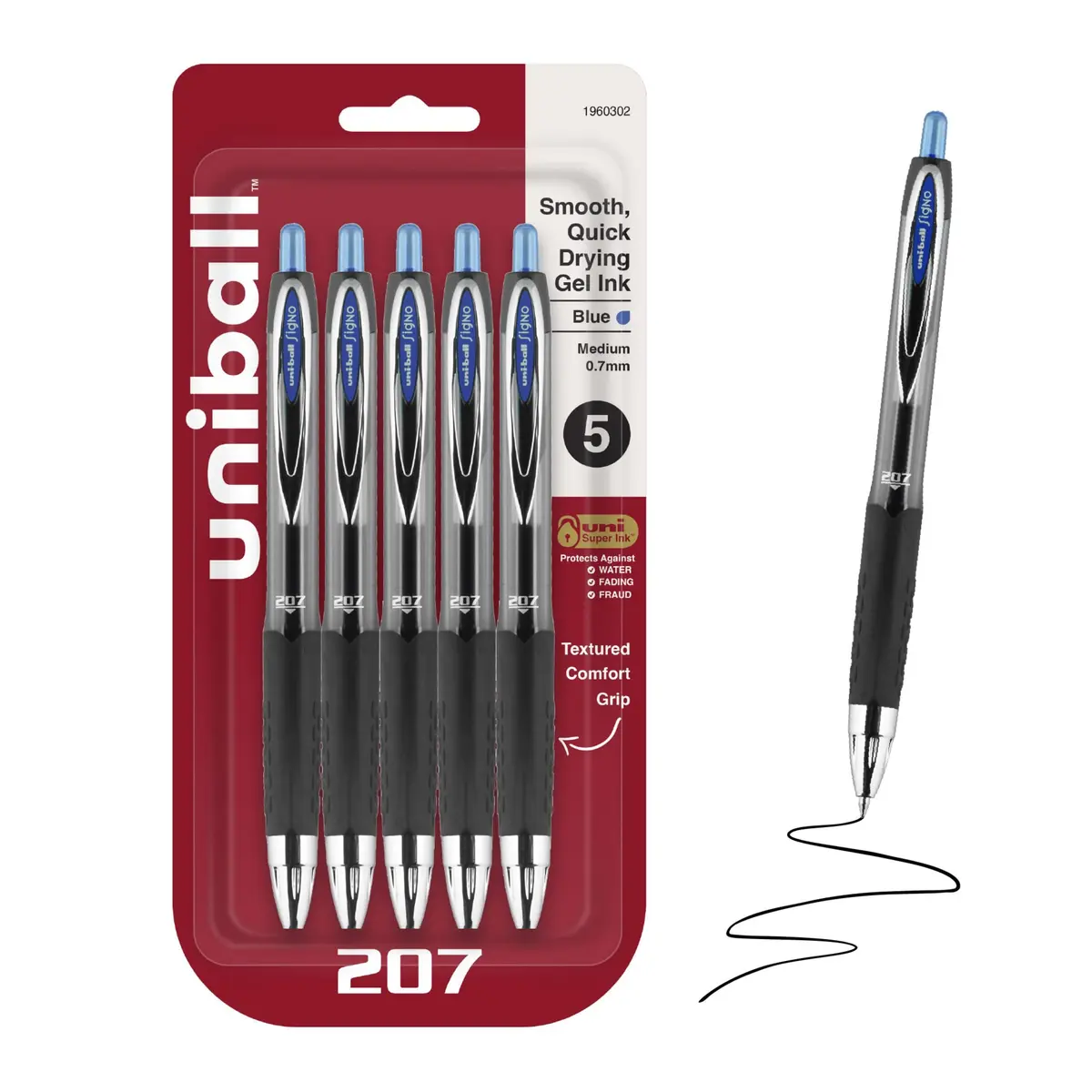 Canetas de gel retráteis azuis Uniball Signo 207, pacote com 5 pontas médias de 0,7 mm, as canetas Uni-Ball Click são à prova de fraude e as melhores canetas de escritório, canetas de enfermagem,