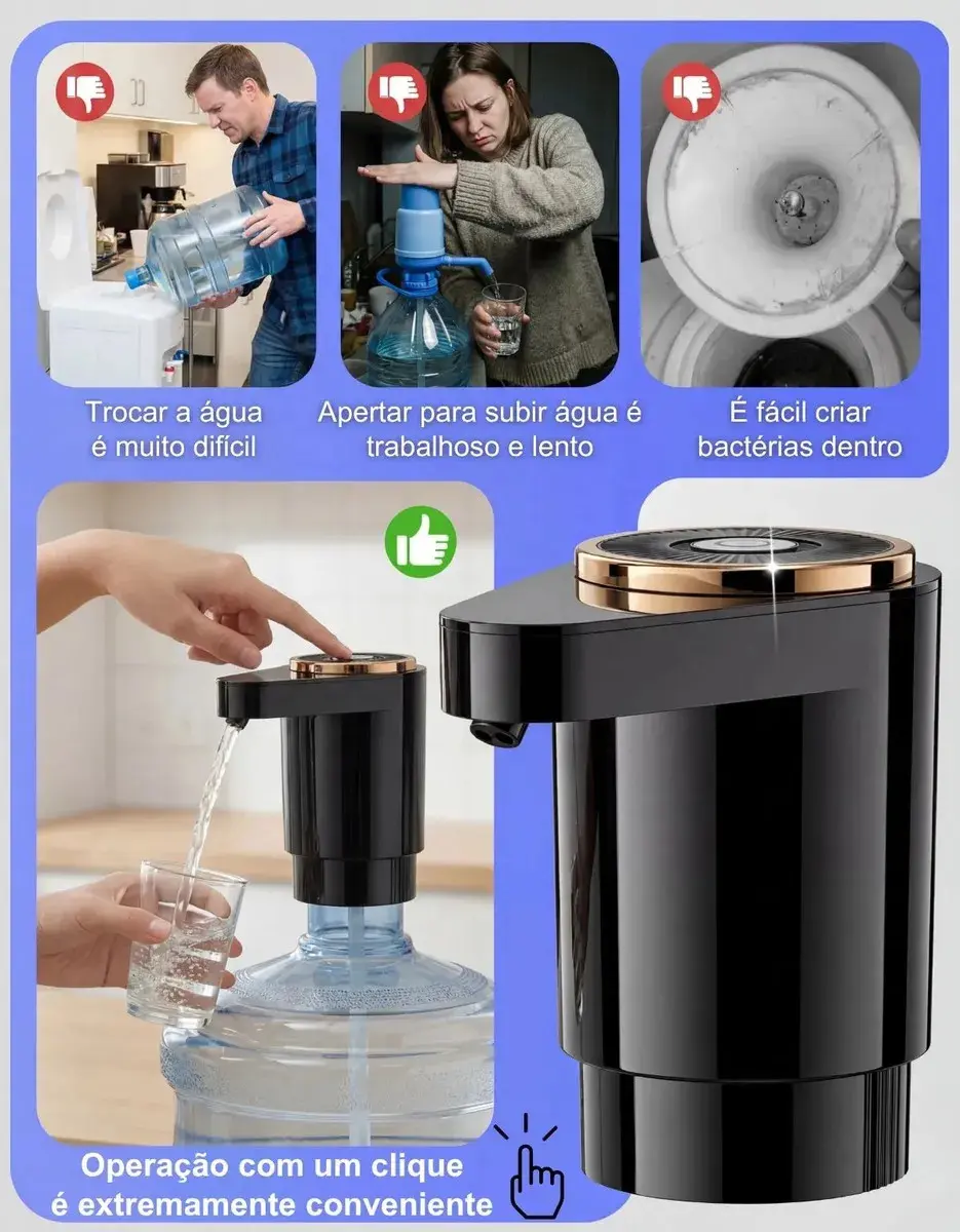 Bomba Agua Elétrica Usb Recarregável Para Galao Dispenser Automatico Touch Portatil Agua Mineral Garrafao Sem Fio Cozinha Empresa Camping Viagem Rapido Silencioso capacidade até 20 Litros thumbnail 2