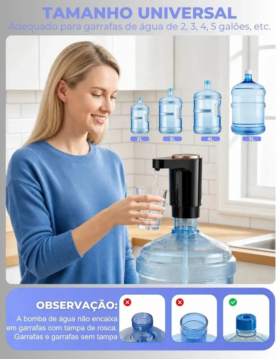 Bomba Agua Elétrica Usb Recarregável Para Galao Dispenser Automatico Touch Portatil Agua Mineral Garrafao Sem Fio Cozinha Empresa Camping Viagem Rapido Silencioso capacidade até 20 Litros thumbnail 5