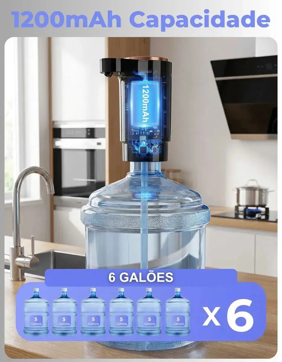 Bomba Agua Elétrica Usb Recarregável Para Galao Dispenser Automatico Touch Portatil Agua Mineral Garrafao Sem Fio Cozinha Empresa Camping Viagem Rapido Silencioso capacidade até 20 Litros thumbnail 7