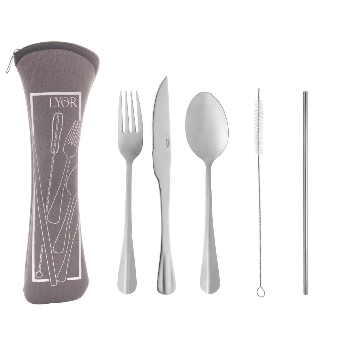 Conjunto 6 Peças Estojo de Neoprene Cinza com 3 Talheres Positano Canudo e Escovinha - Lyor