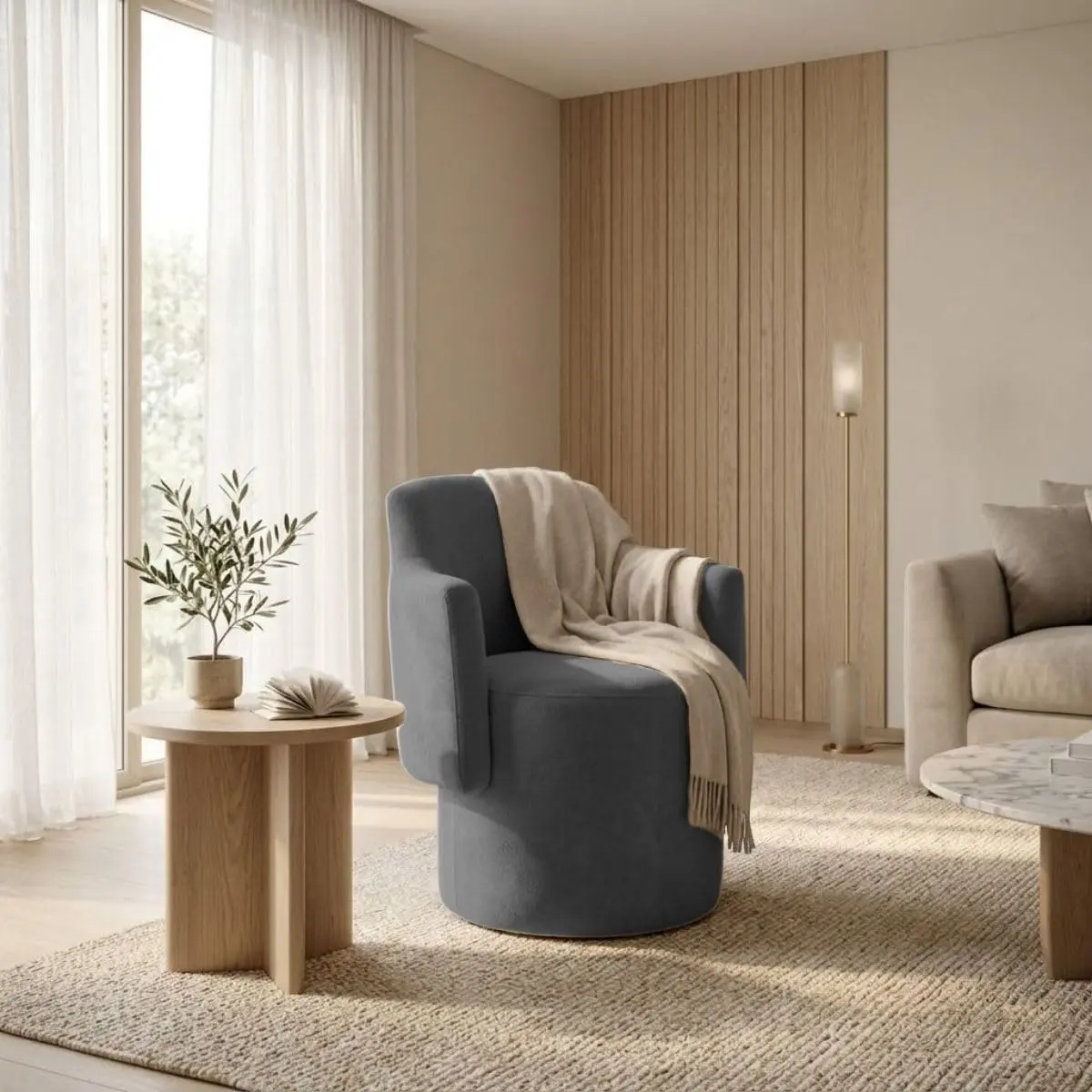 Poltrona Organica Moderna Elegante Decorativa Confortável Estofada Redonda Minimalista Sala Espera Recepção Escritório MOBLAN decor (CINZA)
