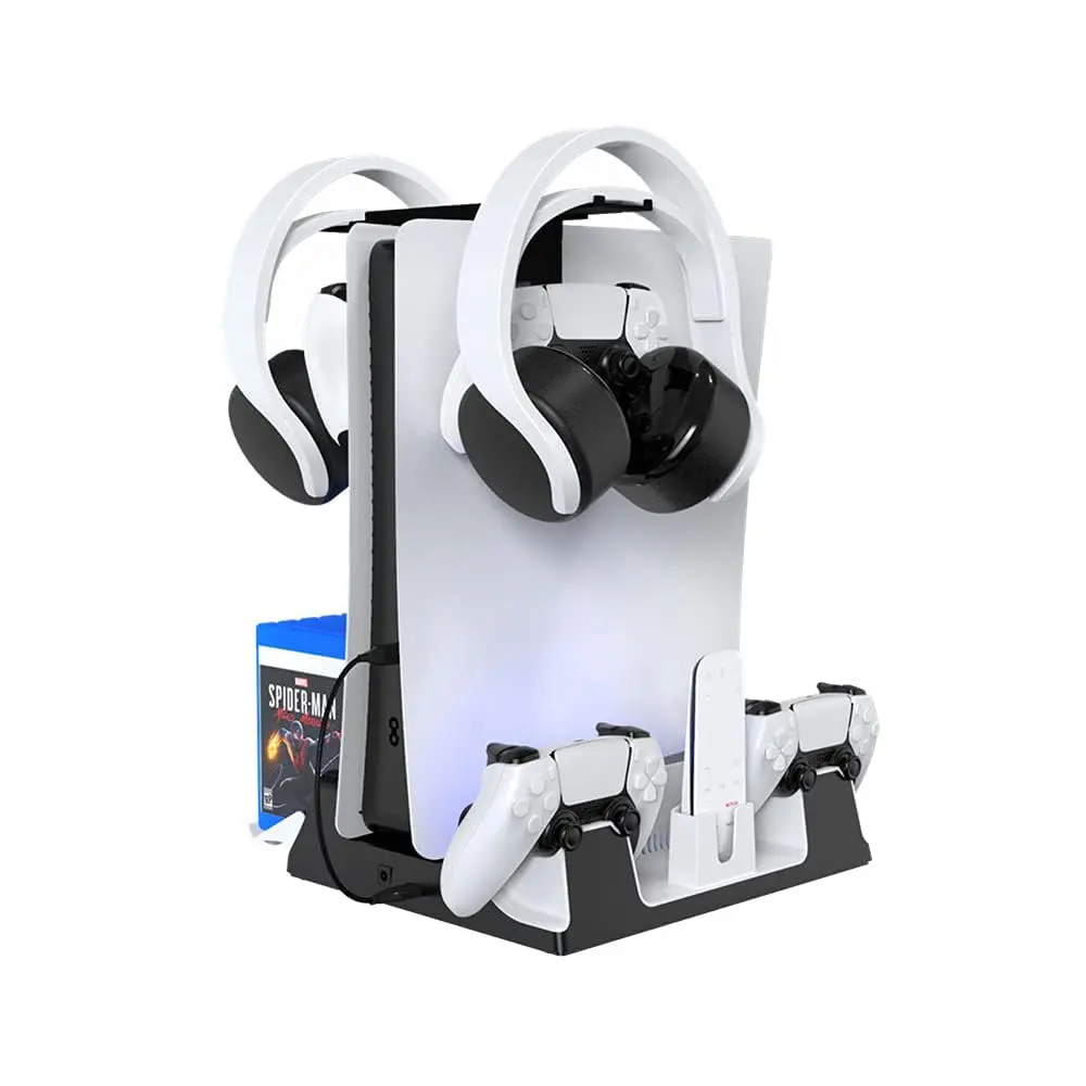 Suporte de carregador multifuncional adequado para PS5. Existem 4 ventiladores de resfriamento de host na parte inferior, incluindo carregamento duplo de contatos de alça