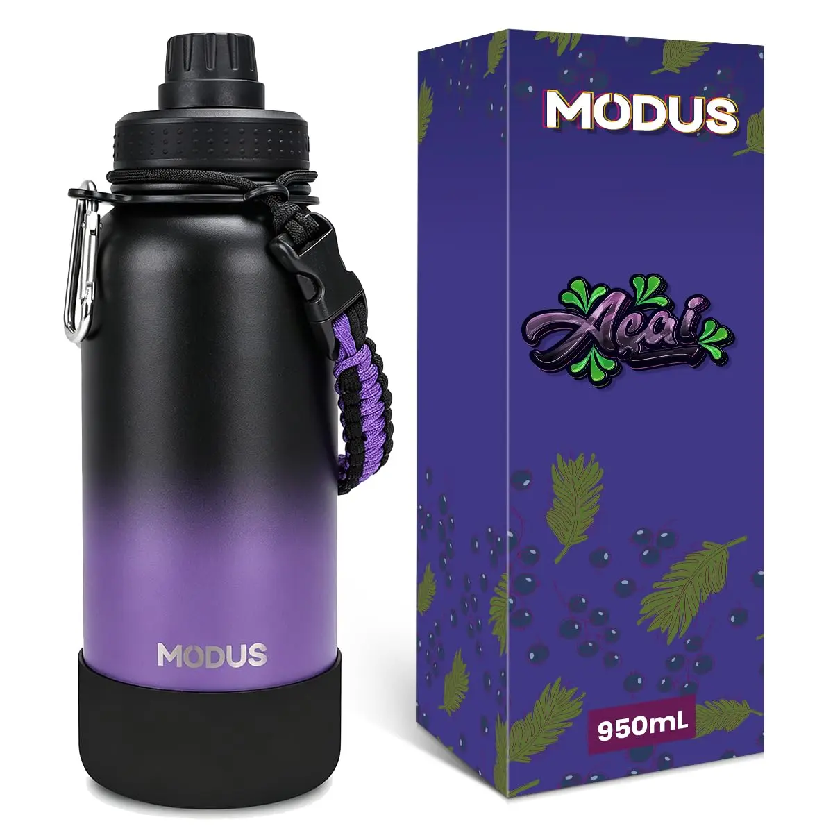 MODUS 950mL Garrafa de Água Térmica Esportiva Inox Isolada a Vácuo | com Base Emborrachada Anti Derrapante, Alca Paracord, BPA Free para Academia, Trabalho e Uso Diário Cor Preto Roxo