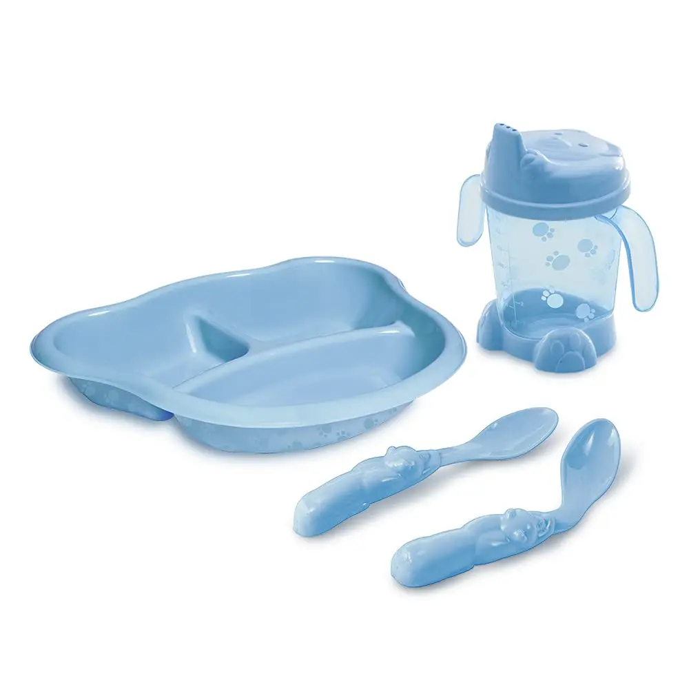 Adoleta Bebê Kit Alimentação Prato Com Divisórias Porta-Suco E Colheres Azul - 1