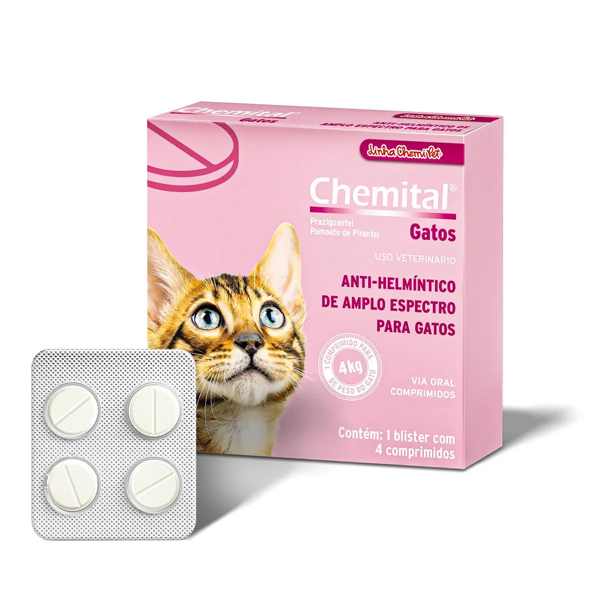 Vermífugo Chemital para Gatos 4 Comprimidos | Amplo Espectro, Alta Margem de Segurança, Seguro para Fêmeas Prenhes, Praziquantel e Pirantel, 1 Comprimido para Cada 4 kg