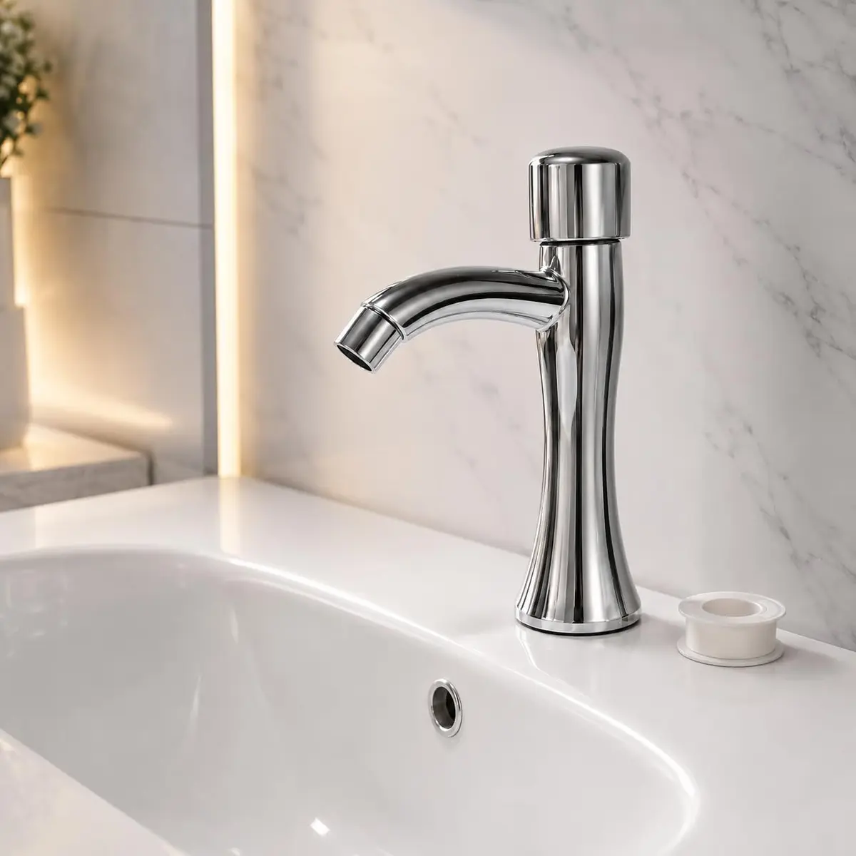 Torneira para Banheiro e Pia, Bica Baixa Cromada em ABS, Design Moderno, Acionamento Suave, para Lavatório, Lavabo e Banheiro Residencial ou Comercial
