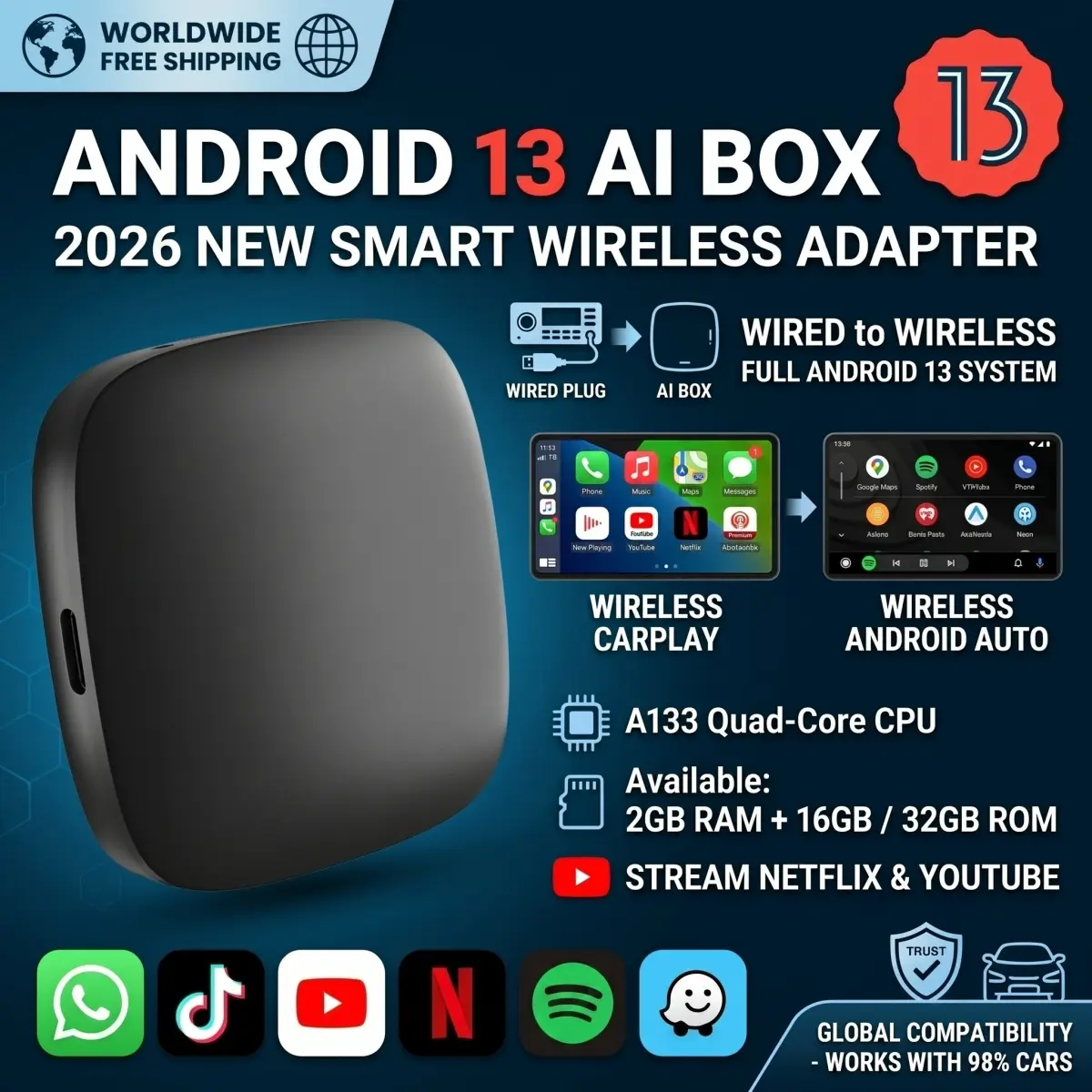 2026 Android13 CarPlay Ai Box Kowankit Adaptador USB Sem Fio 3 em 1 Plug & Play para Youtube Netflix Universal TV Box