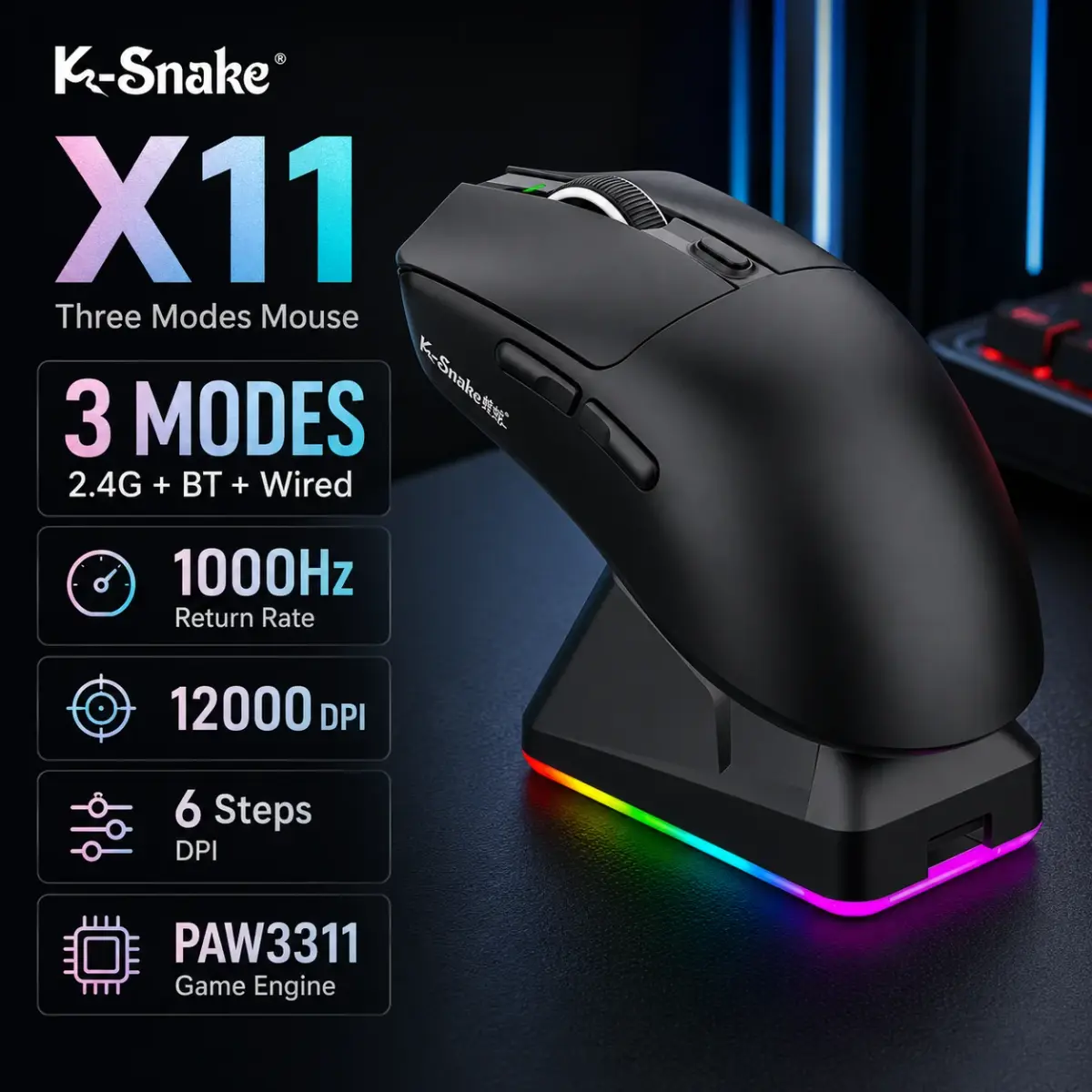 Mouse Gamer Sem Fio X11 PAW3311 Tri-Mode 2.4G Bluetooth RGB com Base de Carregamento, Leve e Ergonômico para PC, Laptop e Mac - 1