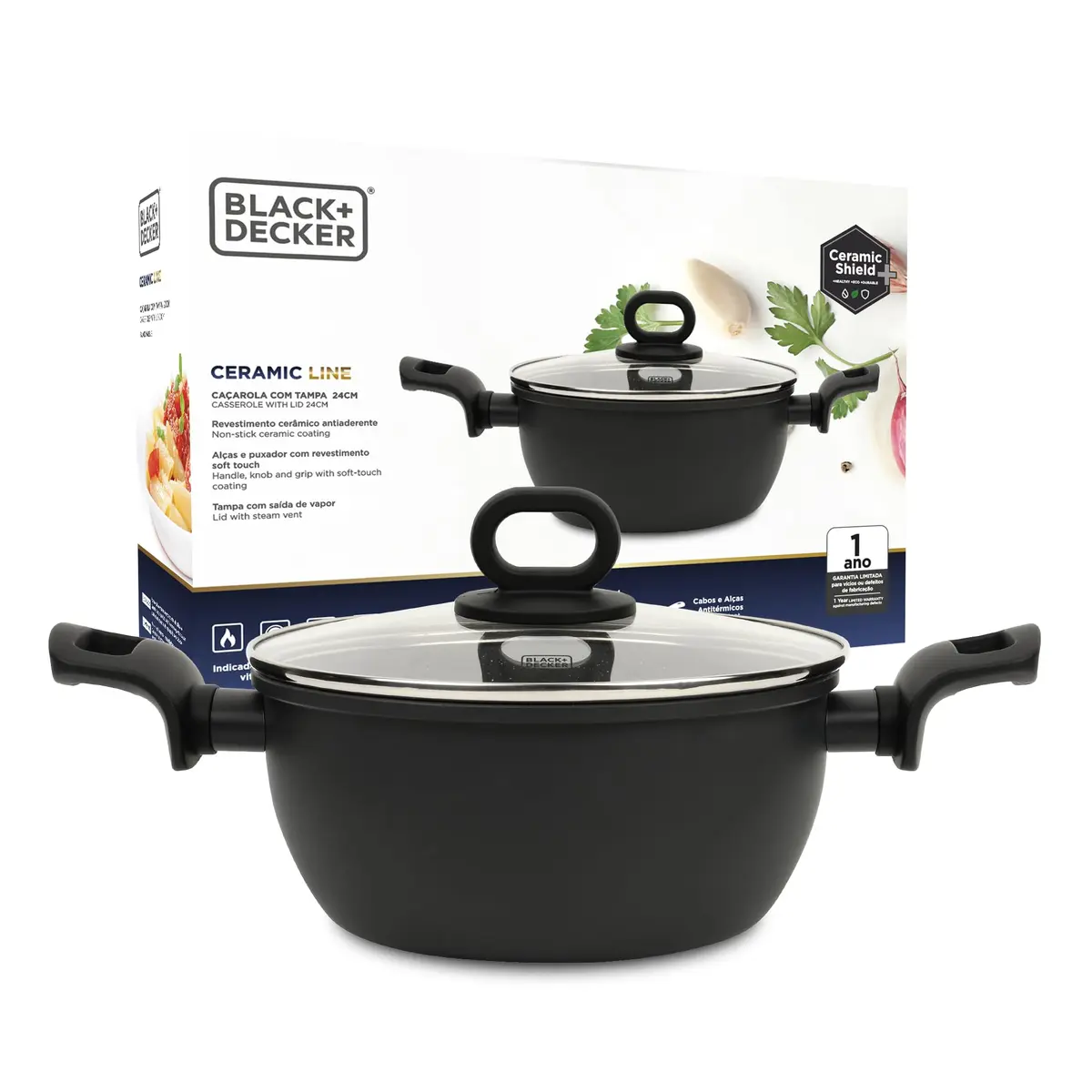 BLACK+DECKER CAÇAROLA 24 CM 4,5 LITROS CERAMIC LINE - CORPO COM REVESTIMENTO CERÂMICO COM EXTERIOR NA COR PRETA, BASE COMPATÍVEL COM INDUÇÃO - BLACK