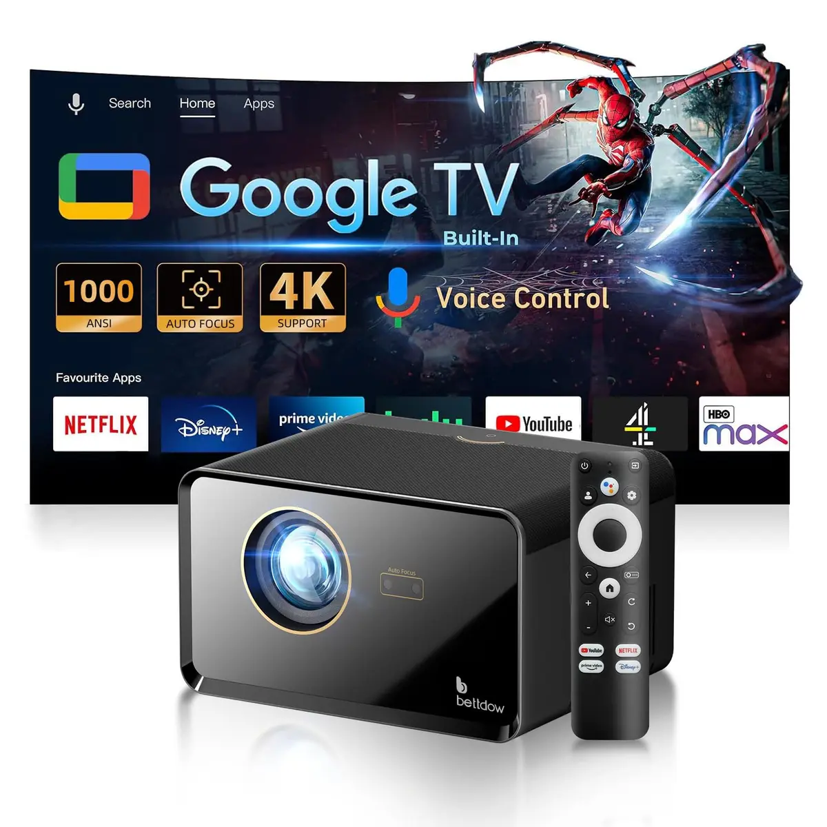 Projetor Bettdow AC1080, Full HD 1080p, 1000 ANSI Lúmens, Google TV, Wi-Fi, Bluetooth, Foco Automático, Keystone Vertical