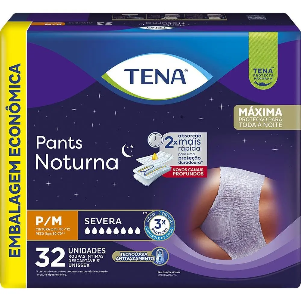 Tena Pants Noturna, Roupa Íntima para Incontinência Urinária, P/M - Embalagem econômica, 32 unidades