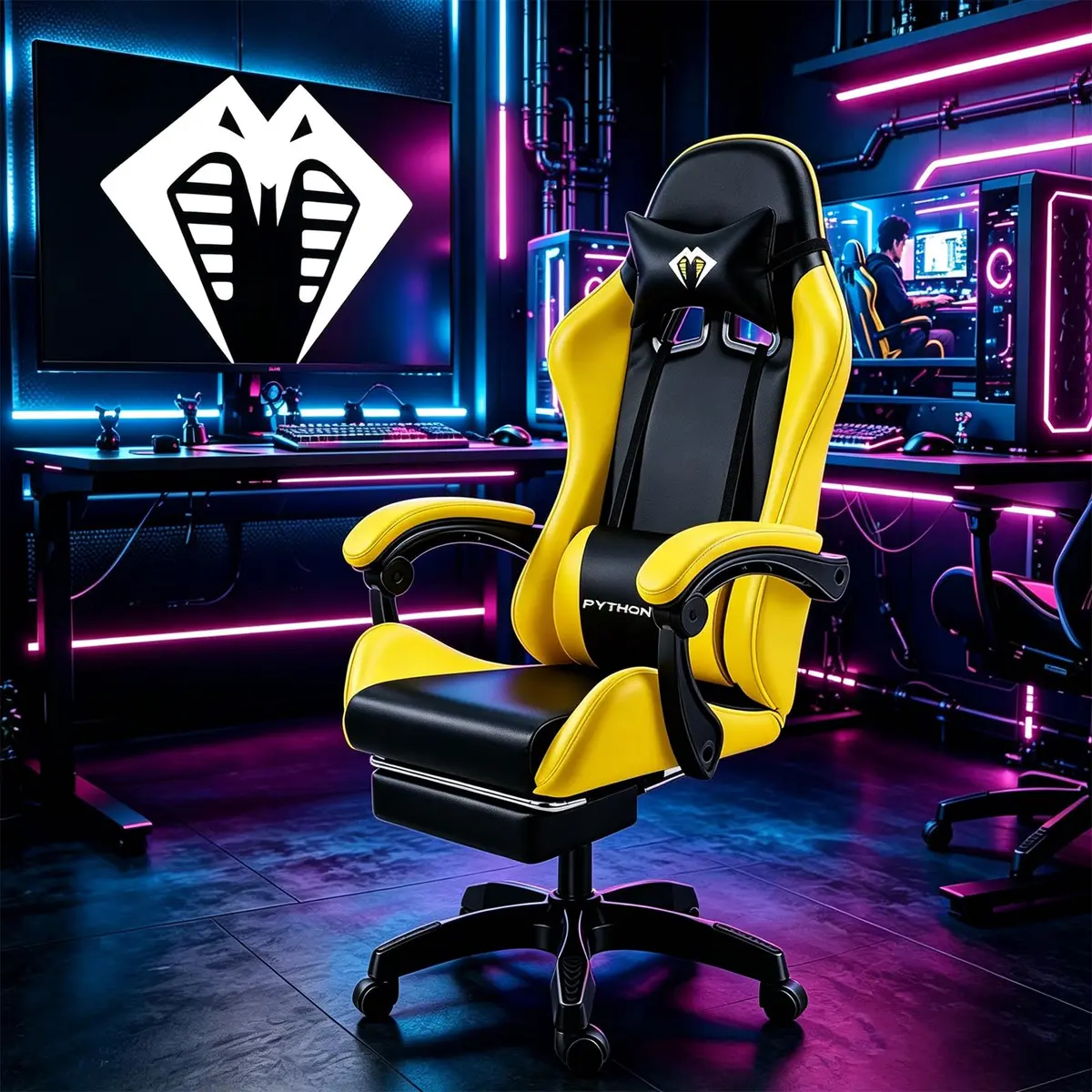Cadeira Gamer com Design Moderno e Cores Contrastantes, Apoio de Cabeça e Apoio Lombar Ajustáveis – para Jogos, Estudo e Presente (Preto e Amarelo)