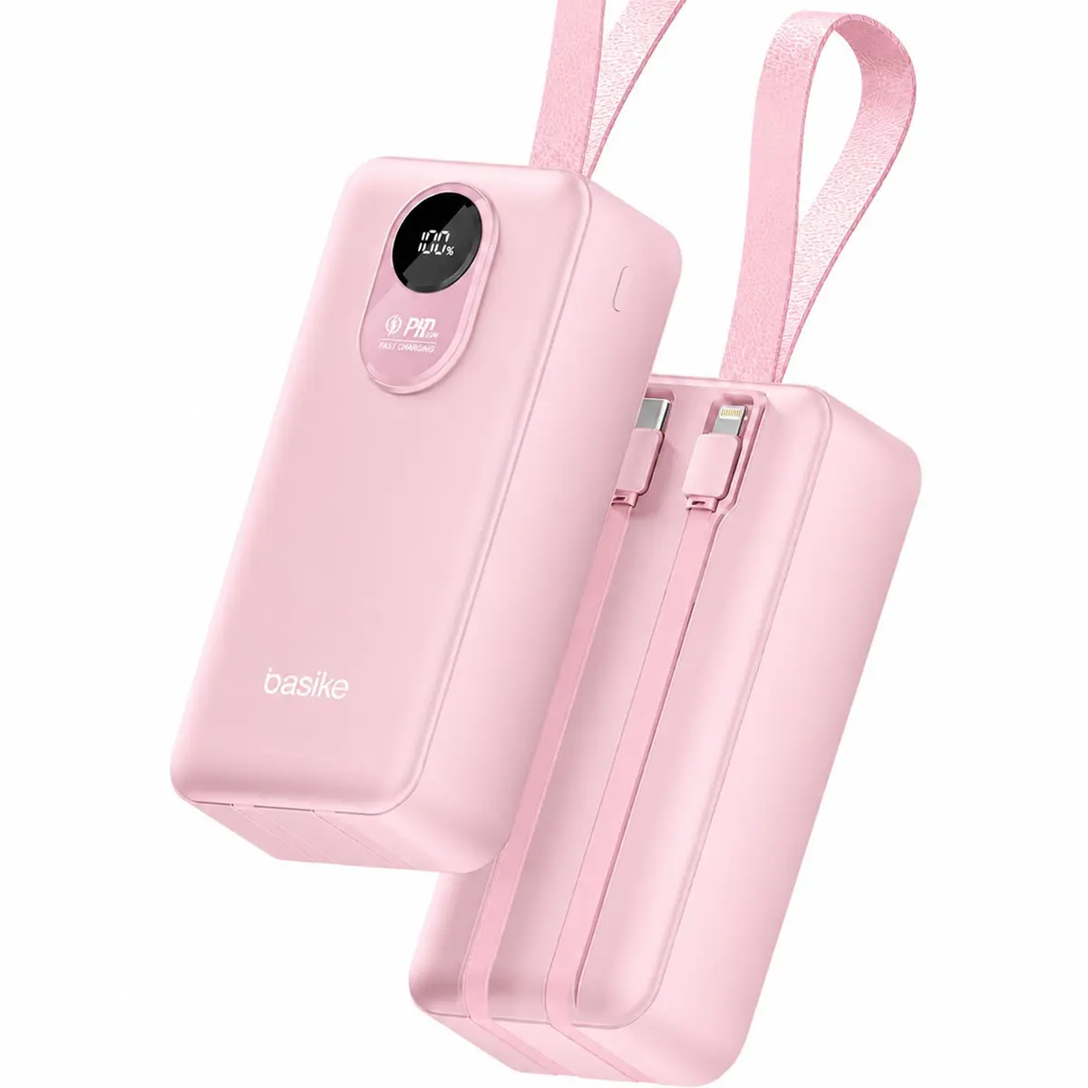 Basike Power Bank 30000mAh, Carregador Portátil, Carga Rápida 22,5W (Rosa) | 2 Cabos Integrados (USB-C e Lightning), USB-A (até 22,5W, QC) + USB-C (até 20W, PD), LED Display, Proteção Inteligente
