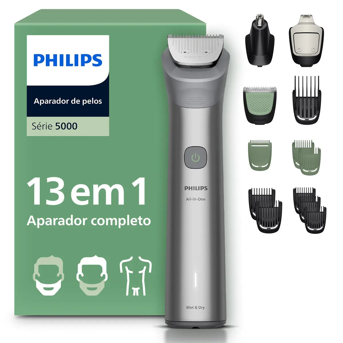Philips Aparador e Barbeador Elétrico Série 5000 All-in-One 13 em 1 | Versatilidade para cuidar do visual completo | Rosto, cabelo e corpo | 120 min sem fio | 100% À prova d'água | MG5942/15
