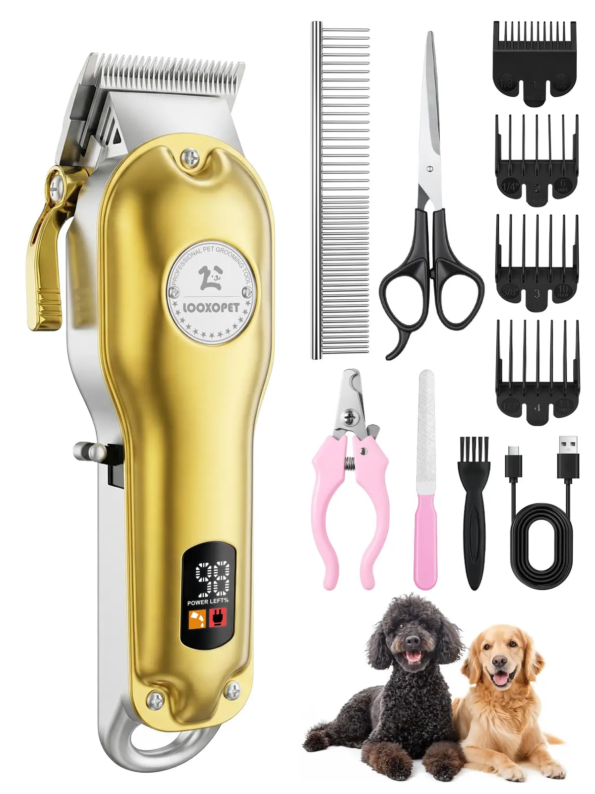 Máquina de Tosar Pet Profissional Cachorros Inox Sem Fio Impermeável Para Pelagem Grossa Ouro