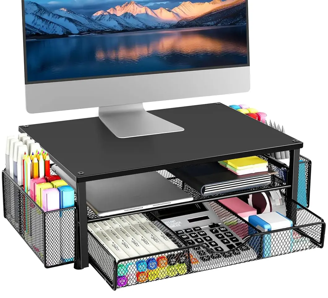 49 * 26 * 16 cm Base para Monitor, Elevador para Tela de Computador, Base Suporte para Monitor Apoio de Mesa, Suporte para Monitor de Computador de 2 Camadas com Gaveta e 2 Suportes
