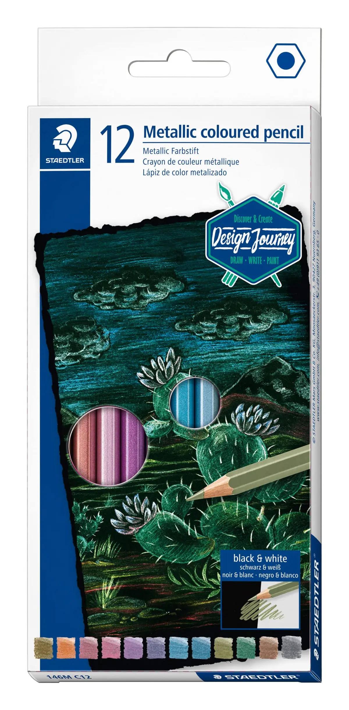 STAEDTLER Lápis de Cor Metálico Design Journey 12 Cores - 146M C12 - Mina Macia, Cores Vivas Feito de Madeira Sustentável com Certificação PEFC