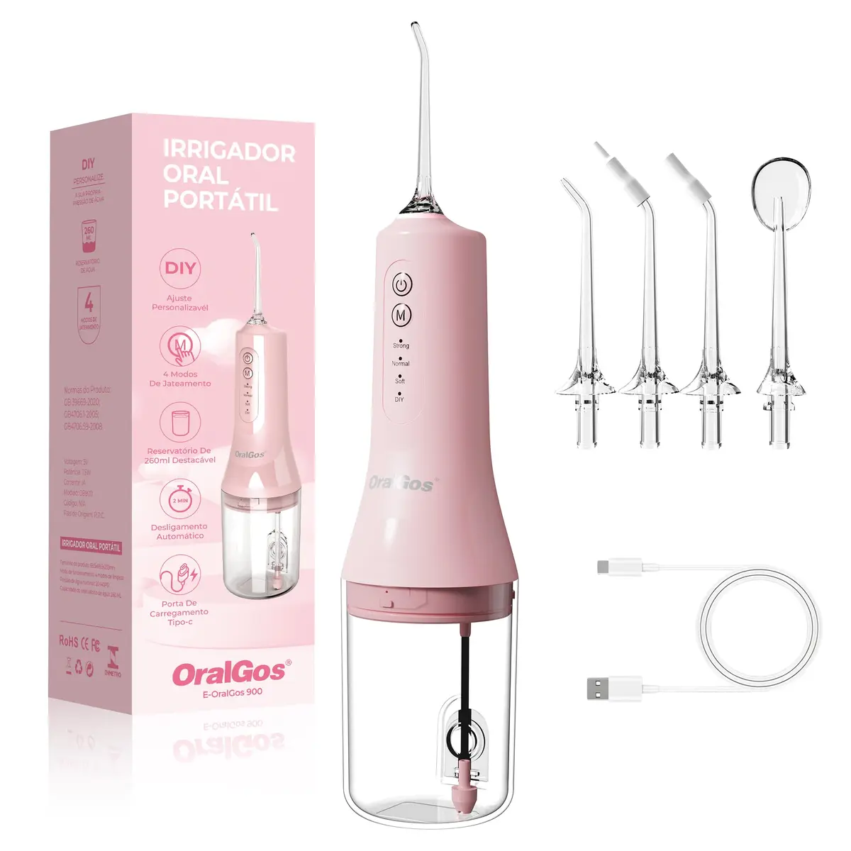 OralGos Irrigador Dental Portatil 260ML, 4 Modos de Jato, 4 Bicos, Limpeza Profunda dos Dentes e Gengivas, Elétrico, Recarregável, À Prova d’Água IPX7 (Rosa)