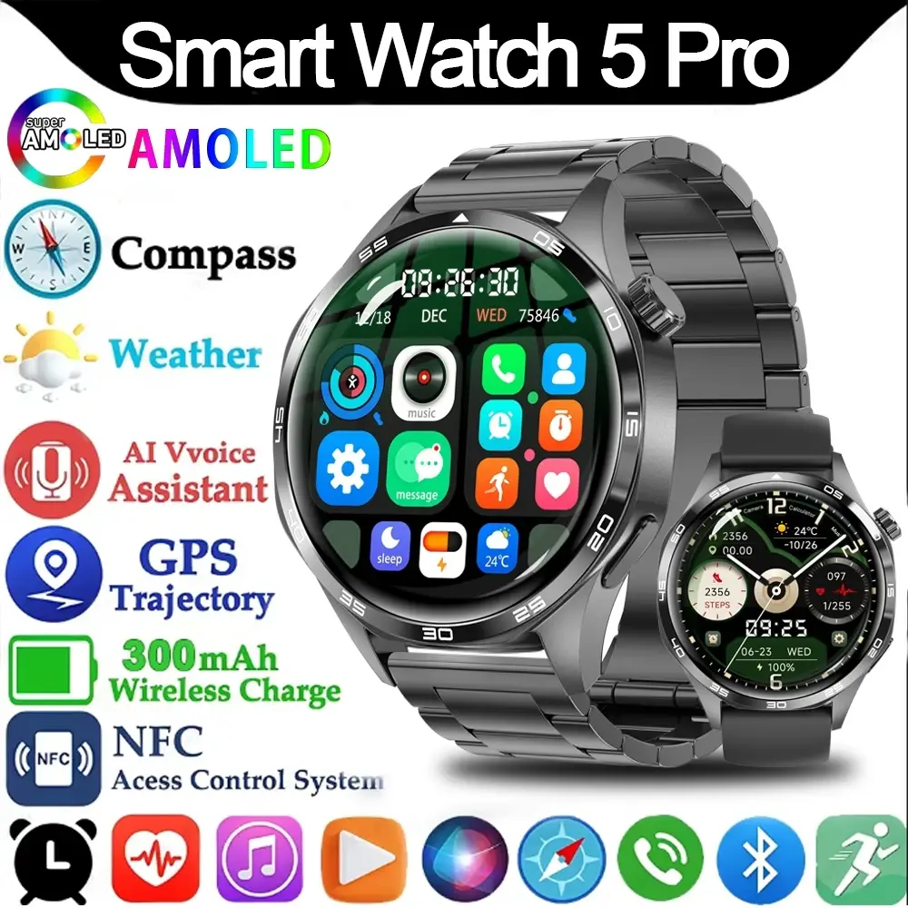 Relógio inteligente 5 pro gps nfc smartwatch masculino 360*360 tela amoled monitor de freqüência cardíaca bluetooth chamada ip67 à prova dip67 água smartwatch masculino - 1