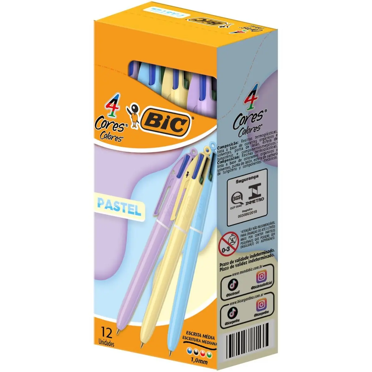 BIC, Caneta Escrita Média Retrátil, 4 Cores Clássicas, Corpo Pastel, 12 Unidades - 1