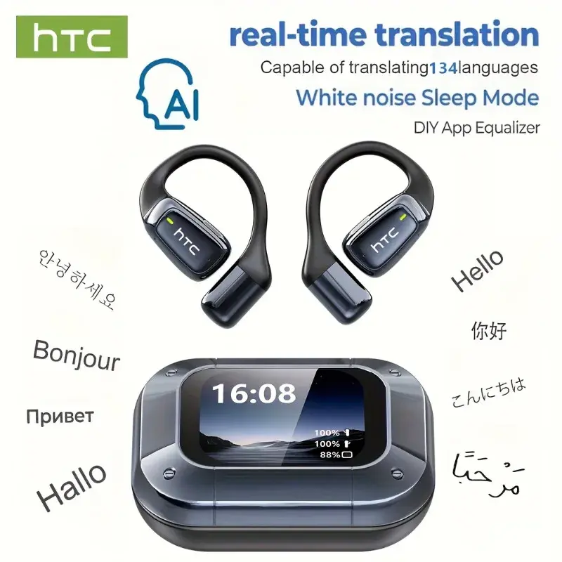 【Auriculares tradutor AI】HTC NE25 Fones de ouvido Bluetooth LCD Touch Screen Sport Fones de ouvido sem fio de longa vida com microfone HD