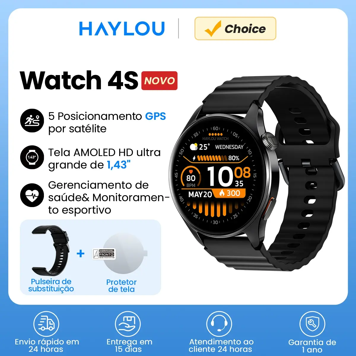 Relógio inteligente HAYLOU Watch 4S com GPS, ecrã AMOLED HD de 1,43 polegadas, posicionamento GPS por satélite, mais de 120 modos de treino, relógio inteligente para desporto e atividades físicas.