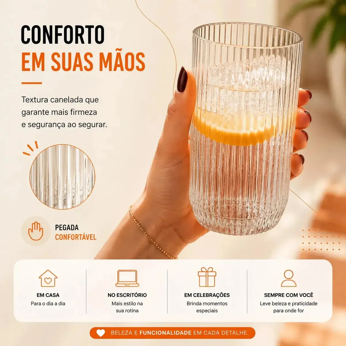 Jogo 6 Copos Vidro Canelado 423ml Moderno Elegante Premium Vinho Água Suco Drinks Gin Whisky Jogo Copos Taça Copo Conjunto Design Luxo Texturizado Cozinha Restaurante Decoração Hold On thumbnail 4