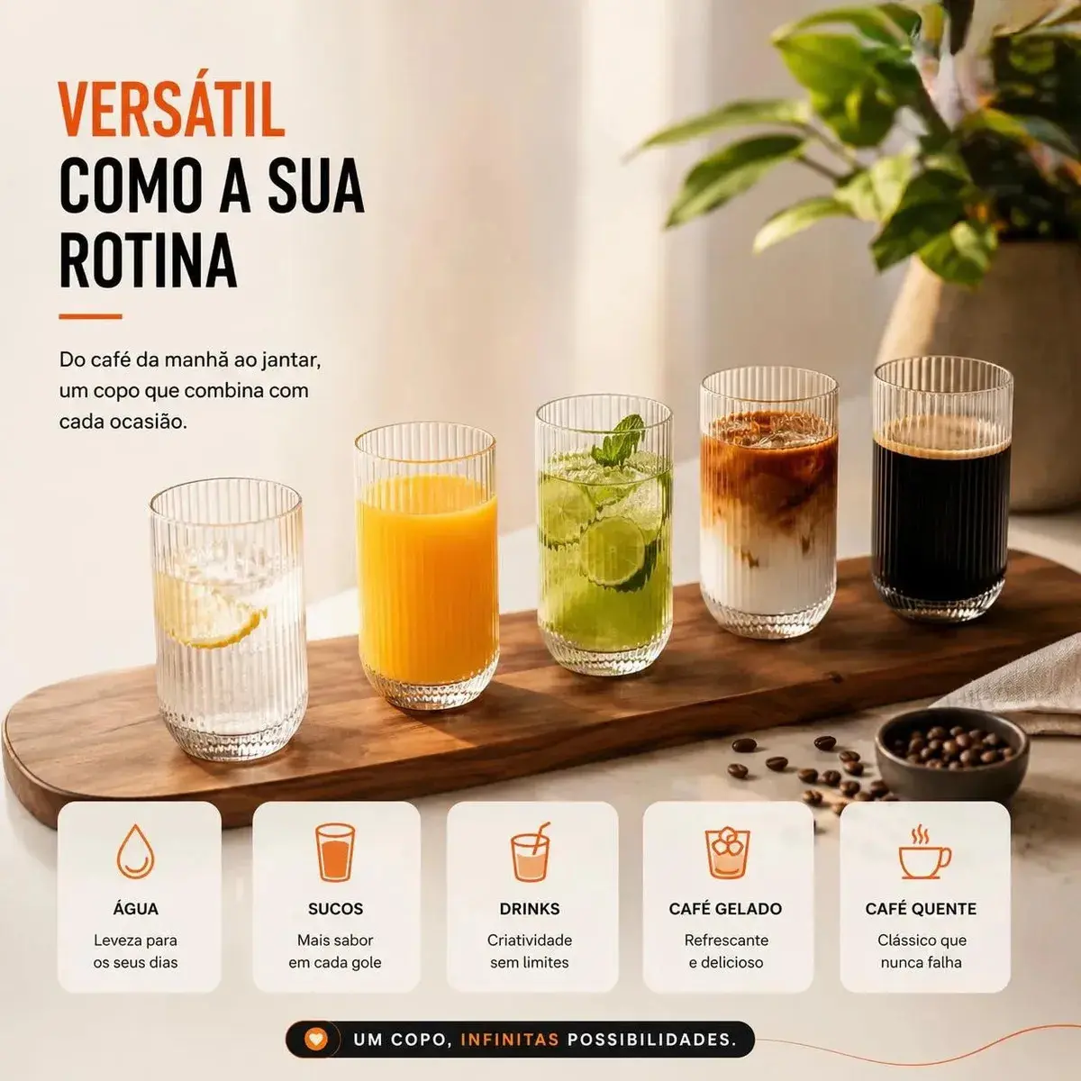 Jogo 6 Copos Vidro Canelado 423ml Moderno Elegante Premium Vinho Água Suco Drinks Gin Whisky Jogo Copos Taça Copo Conjunto Design Luxo Texturizado Cozinha Restaurante Decoração Hold On thumbnail 5