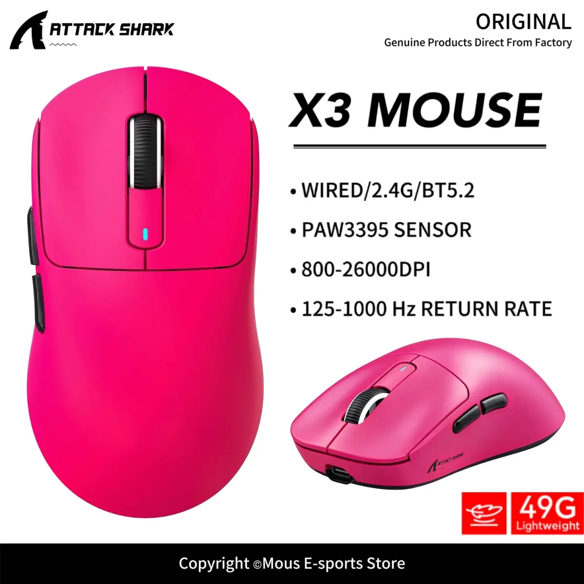 Mouse Gamer Bluetooth X3 ATTACK SHARK X3Pro com Sensor PAW3395, Encoder TTC, Switch Black Mamba e 1K/4K Hz para Mouse Sem Fio - 1